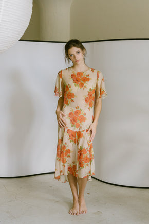 1920s silk chiffon floral capelet dress