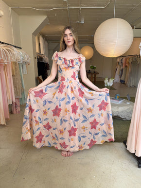 1940s hibsicus print chiffon ruffled gown