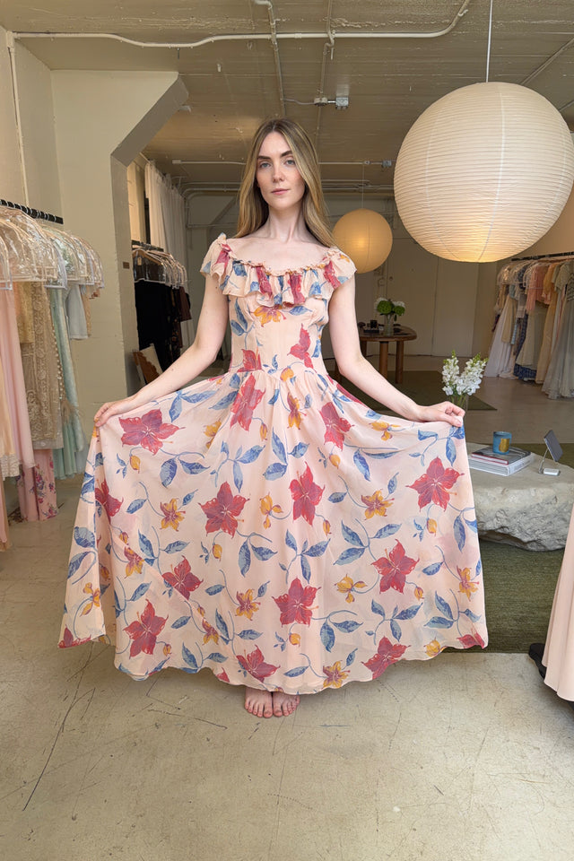 1940s hibsicus print chiffon ruffled gown