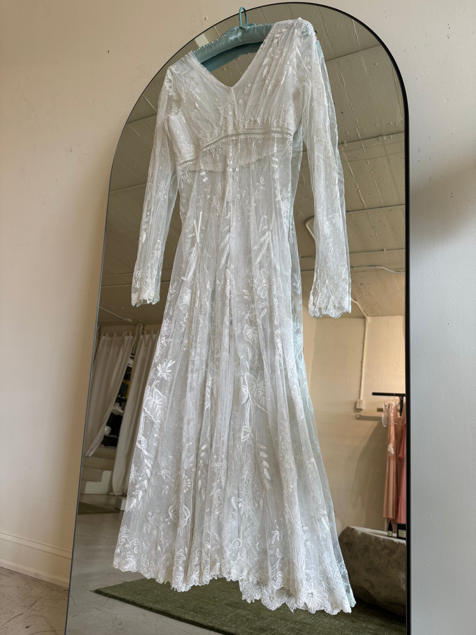 19th century tambour lace wedding coat gown