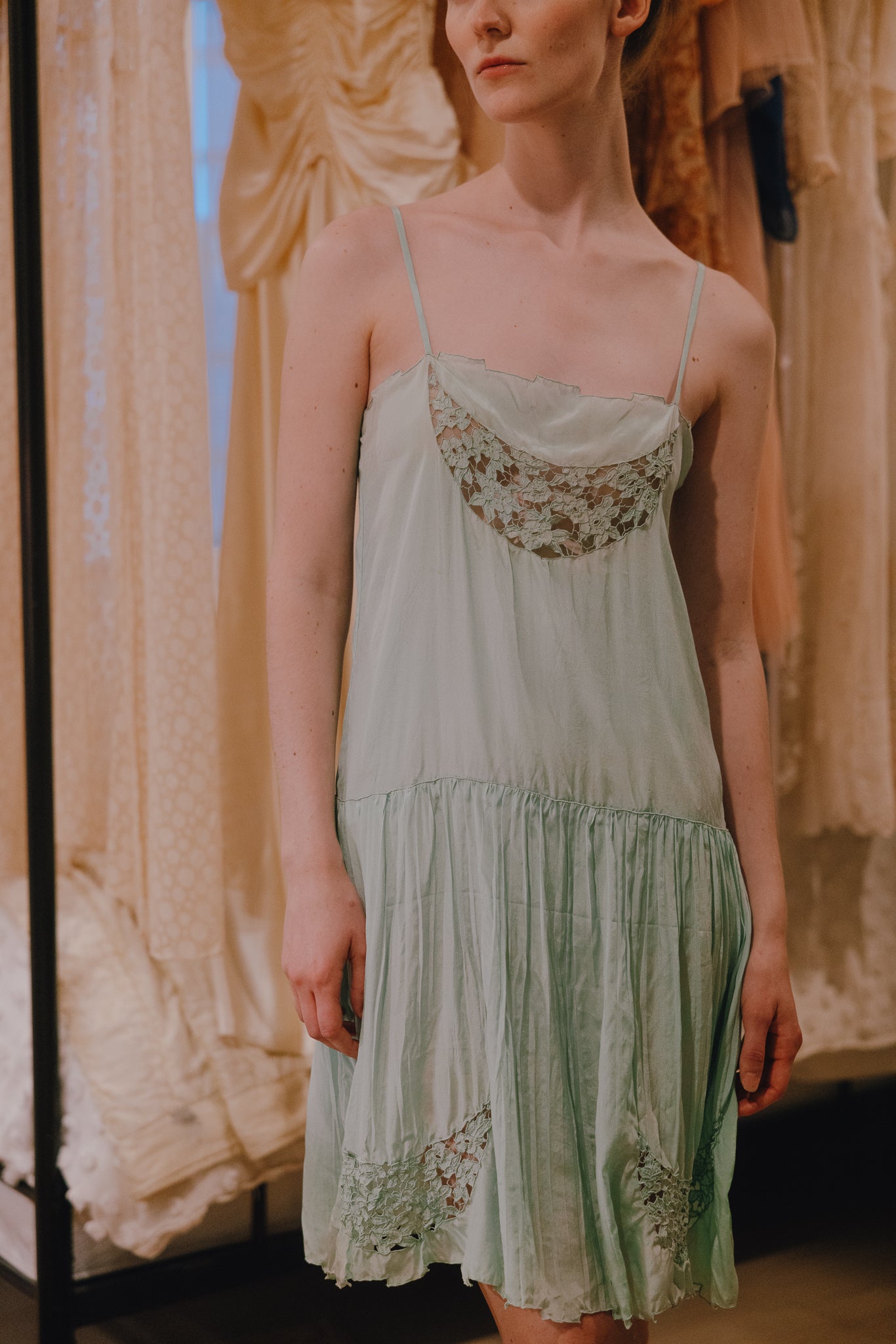 1930s sea foam silk cutwork slip