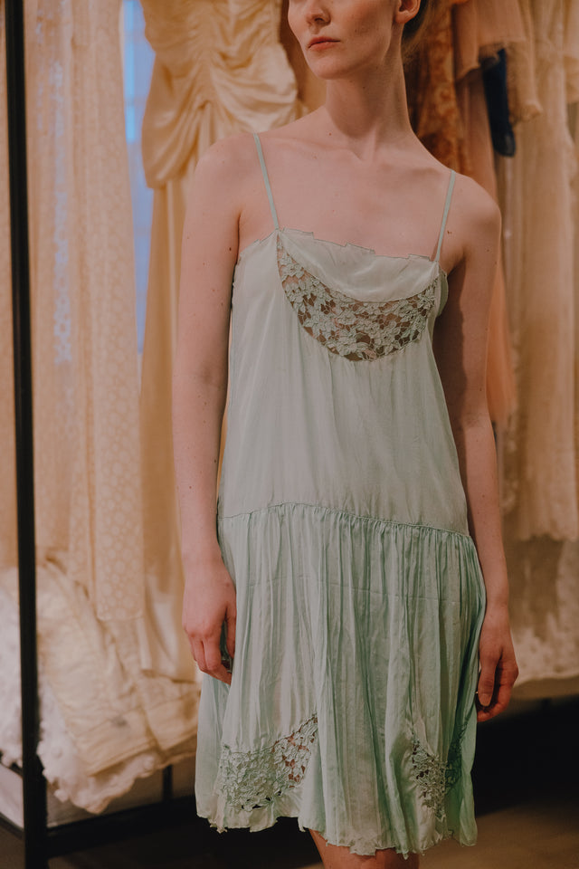 1930s sea foam silk cutwork slip