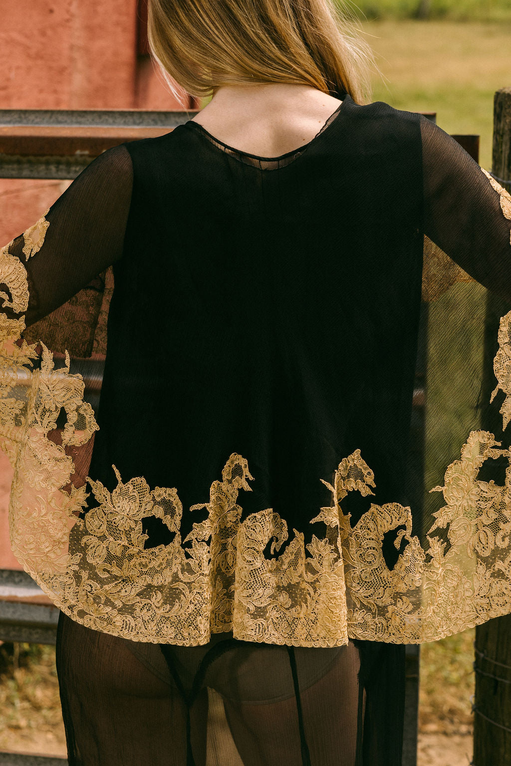 1920s silk chiffon lace capelet dress