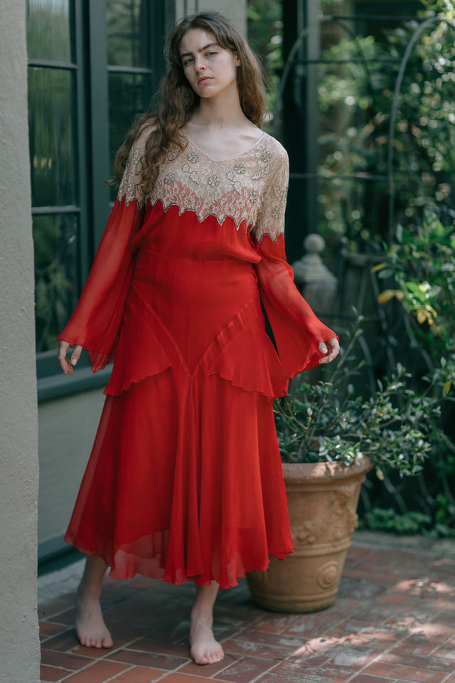 1920s silk chiffon lace evening dress
