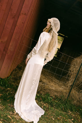 1930s silk satin smocked wedding gown, England