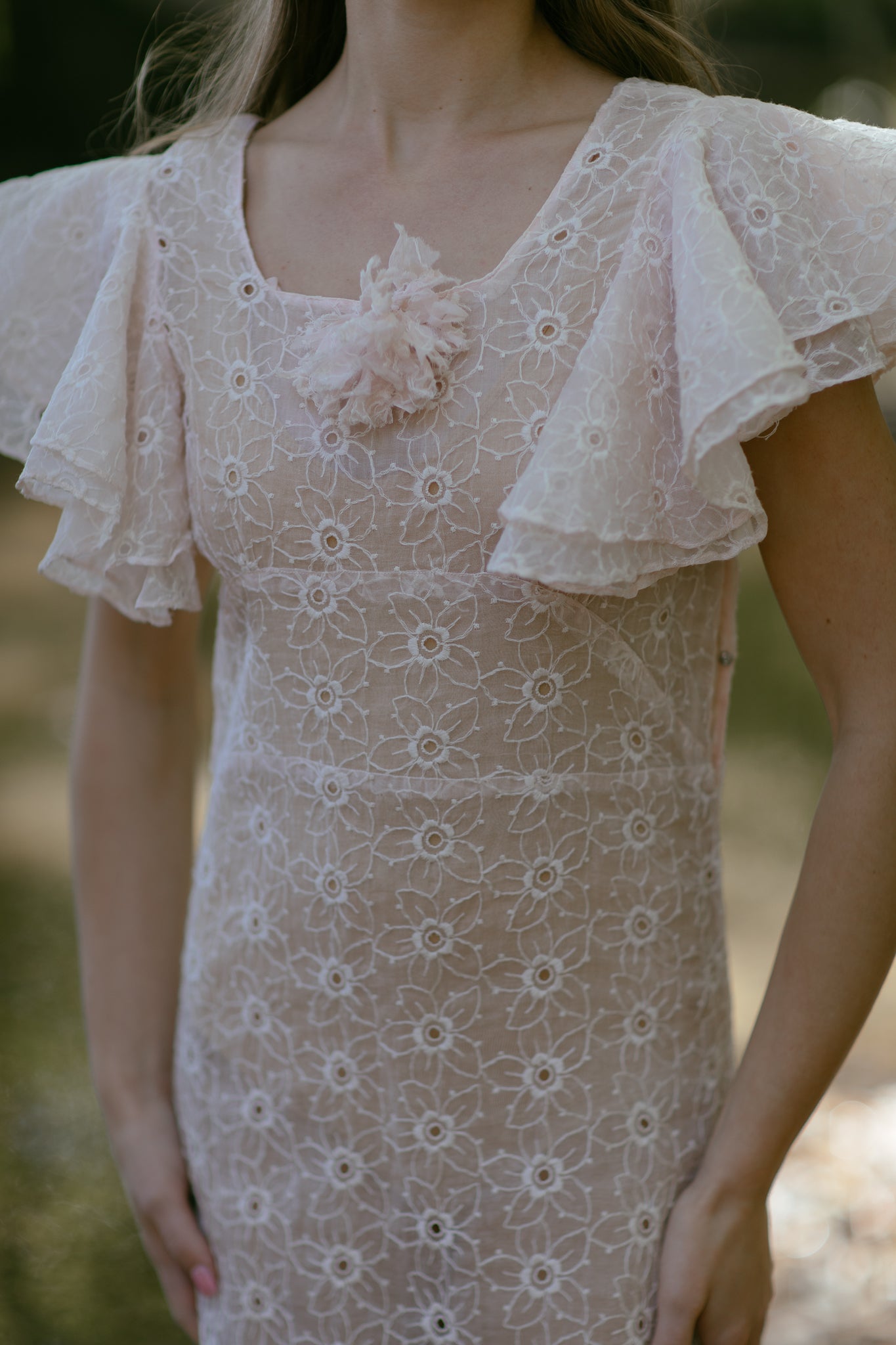 1930s blush eyelet organza gown