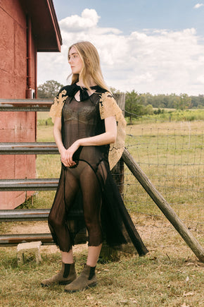 1920s silk chiffon lace capelet dress