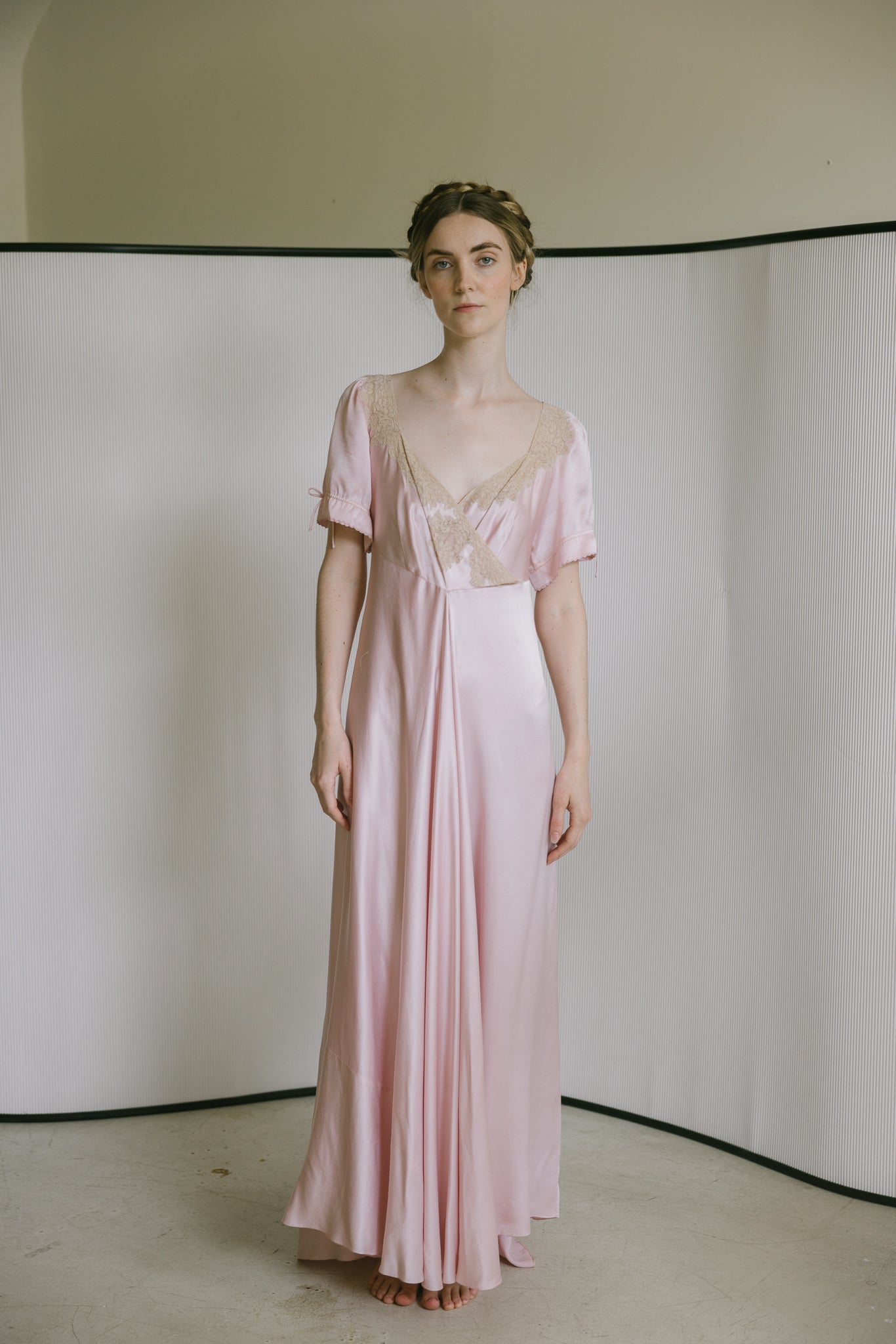 1930s light mauve silk satin lace gown, France