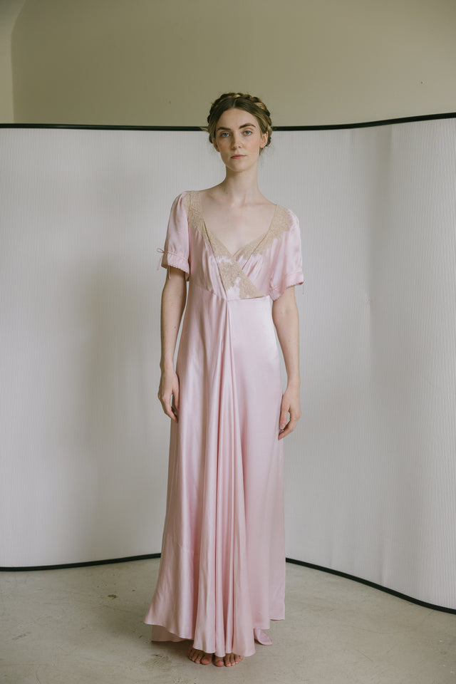1930s light mauve silk satin lace gown, France