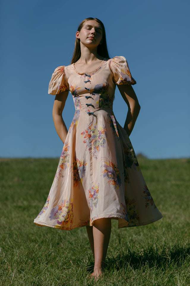 1930s silk taffeta floral bow dress