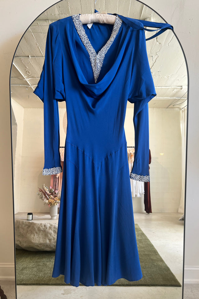 1930s cobalt silk crepe dress