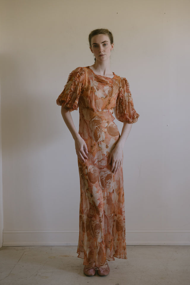1930s silk chiffon autumnal dress