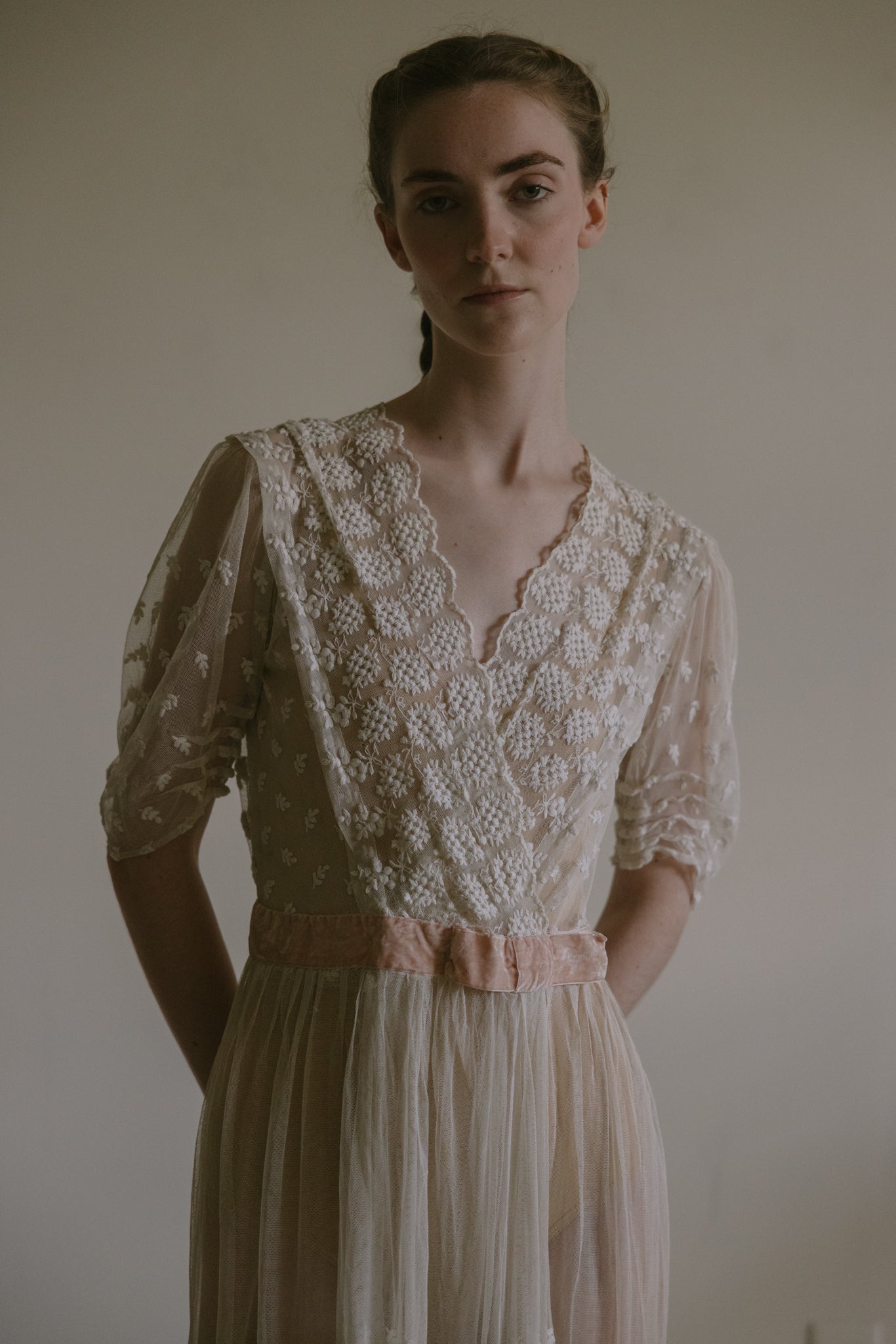 1912 schiffli embroidered tulle dress