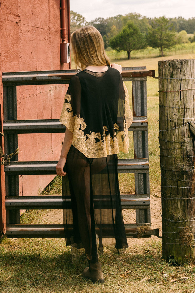 1920s silk chiffon lace capelet dress