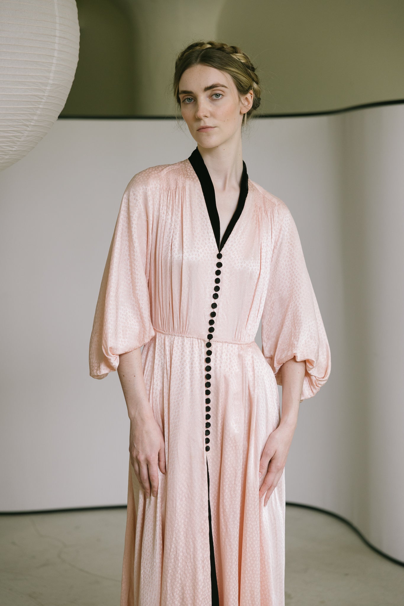 1930s printed silk satin balloon sleeve gown, France