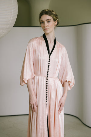 1930s printed silk satin balloon sleeve gown, France