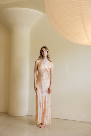 1930s bias floral printed silk satin slip dress