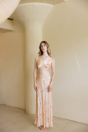 1930s bias floral printed silk satin slip dress