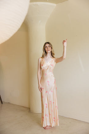 1930s bias floral printed silk satin slip dress