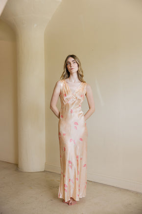 1930s bias floral printed silk satin slip dress