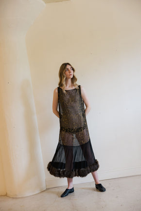 1920s silk chiffon lamé rabbit fur gown, Paris