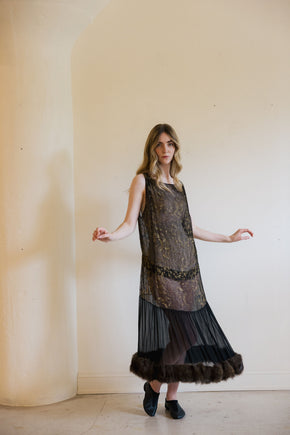 1920s silk chiffon lamé rabbit fur gown, Paris