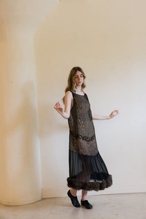 1920s silk chiffon lamé rabbit fur gown, Paris