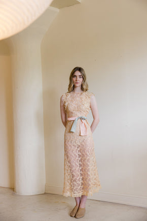 1930s ecru embroidered net floral gown