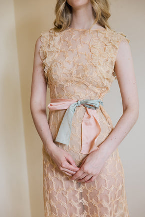 1930s ecru embroidered net floral gown