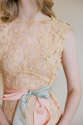 1930s ecru embroidered net floral gown