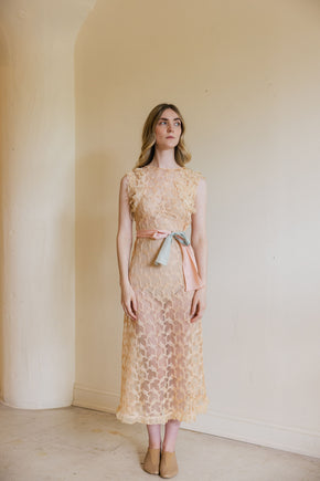 1930s ecru embroidered net floral gown