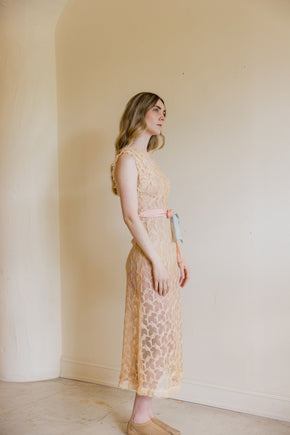 1930s ecru embroidered net floral gown