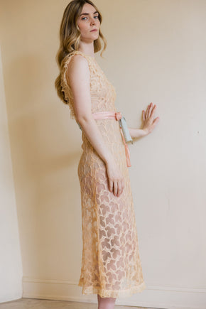 1930s ecru embroidered net floral gown