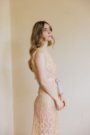 1930s ecru embroidered net floral gown