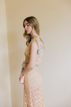 1930s ecru embroidered net floral gown