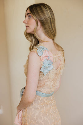 1930s ecru embroidered net floral gown