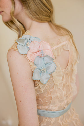 1930s ecru embroidered net floral gown