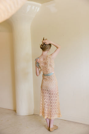 1930s ecru embroidered net floral gown