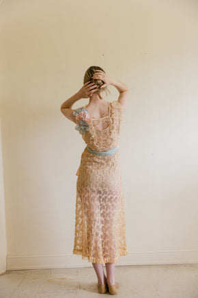 1930s ecru embroidered net floral gown
