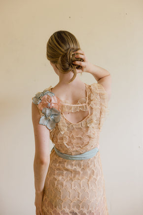 1930s ecru embroidered net floral gown
