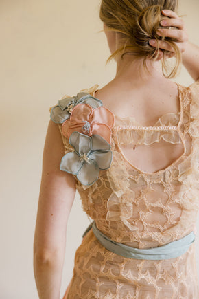1930s ecru embroidered net floral gown