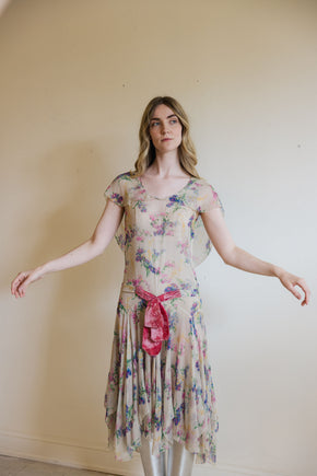 1930s floral silk chiffon velvet gown