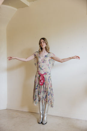 1930s floral silk chiffon velvet gown