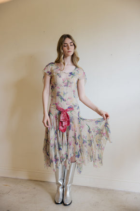 1930s floral silk chiffon velvet gown