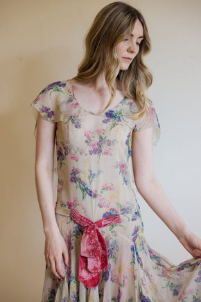 1930s floral silk chiffon velvet gown