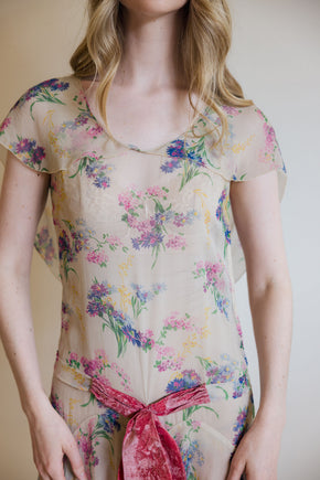 1930s floral silk chiffon velvet gown