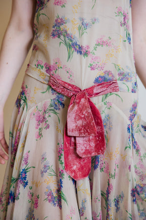 1930s floral silk chiffon velvet gown