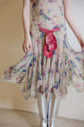 1930s floral silk chiffon velvet gown