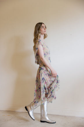 1930s floral silk chiffon velvet gown