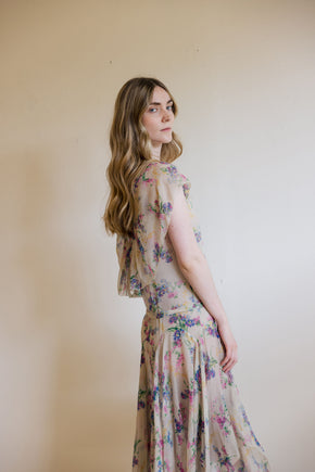 1930s floral silk chiffon velvet gown